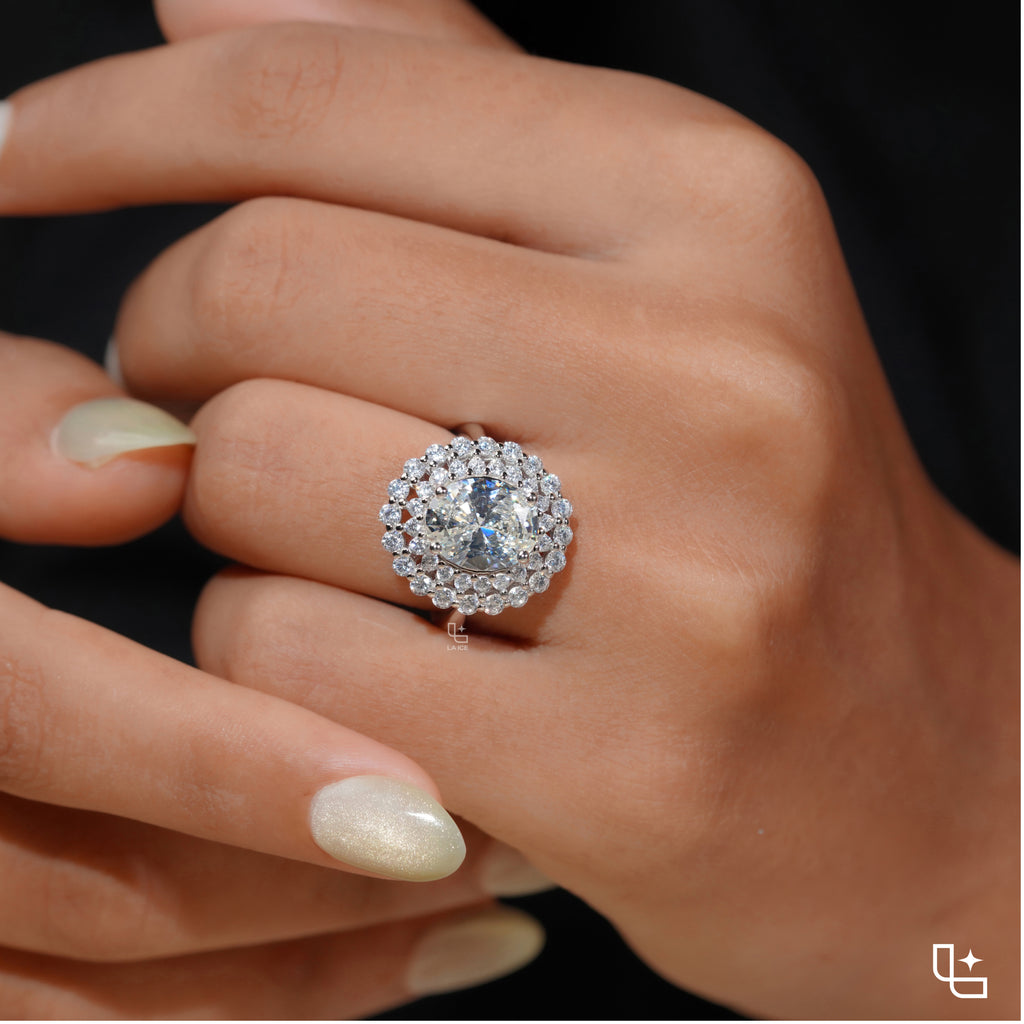 Oval Center Double Halo Cluster Engagement Ring with Multi-Row Diamond Detailing