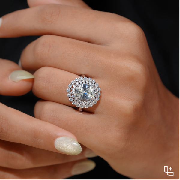 Oval Center Double Halo Cluster Engagement Ring with Multi-Row Diamond Detailing