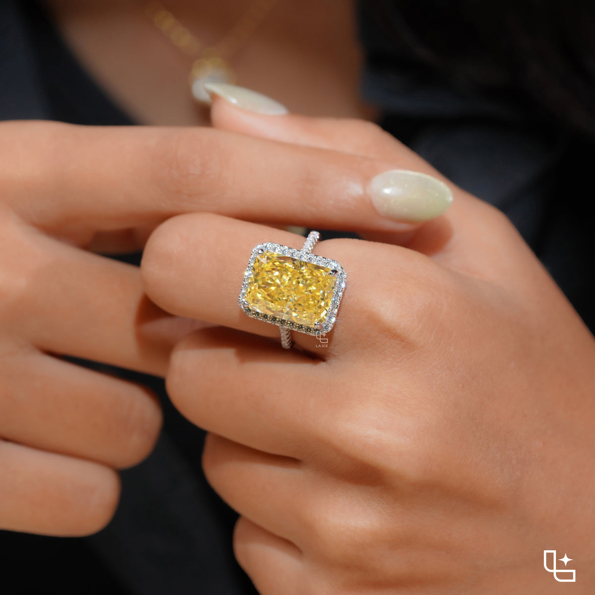 Yellow Radiant Cut Halo Ring with Pavé Band