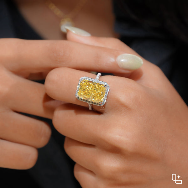 Yellow Radiant Cut Halo Ring with Pavé Band