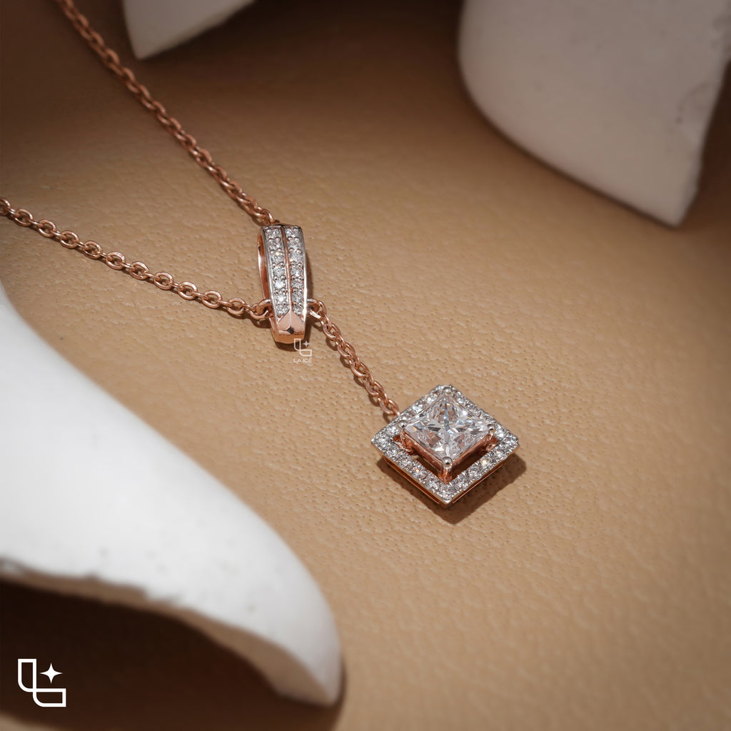 Emerald Cut Halo Drop Necklace with Diamond Sliding Bar Detail