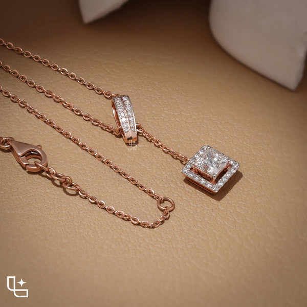 Emerald Cut Halo Drop Necklace with Diamond Sliding Bar Detail
