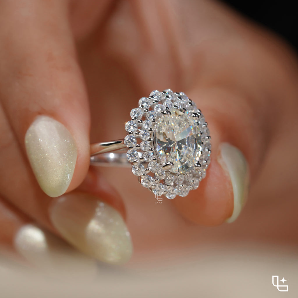 Oval Center Double Halo Cluster Engagement Ring with Multi-Row Diamond Detailing