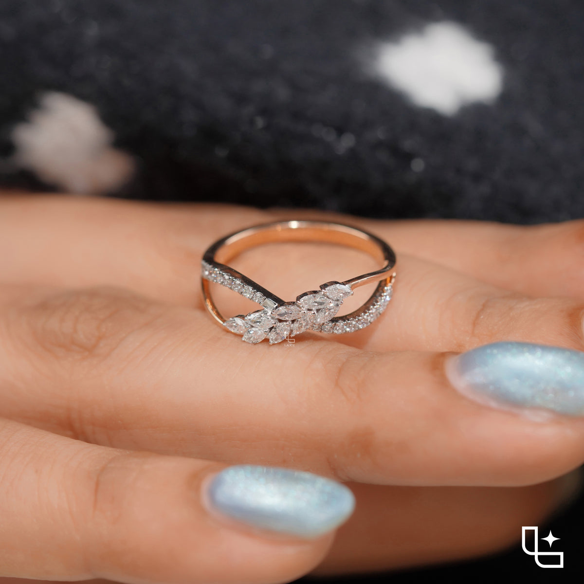 Round Halo Ring with Blue Accent Stones and Pavé Split Shank, 1.25 CT Total Diamond Weight