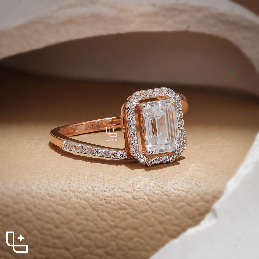 Emerald Cut Halo Engagement Ring with Pavé Accent Band