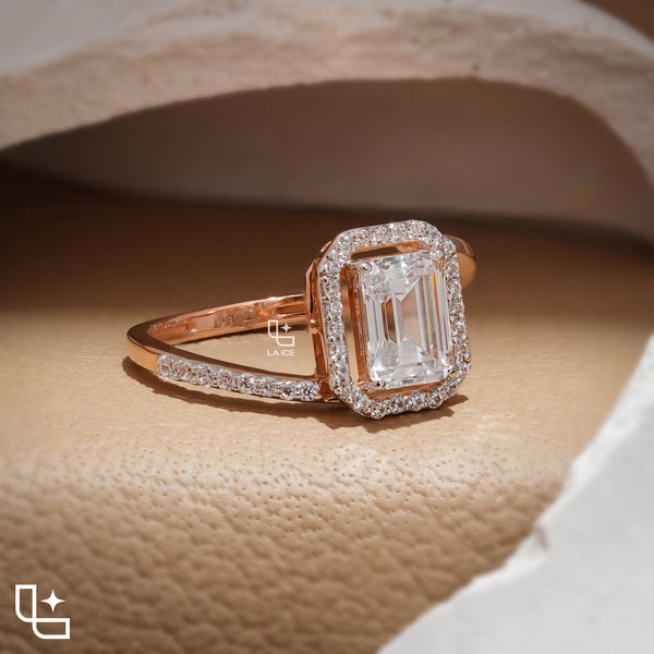 Emerald Cut Halo Engagement Ring with Pavé Accent Band