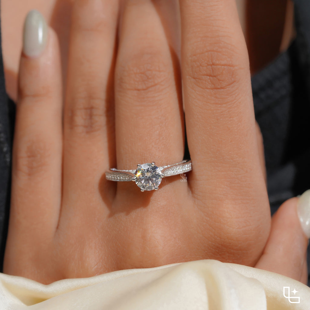 Round Cut Pavé Engagement Ring with Sparkling Band