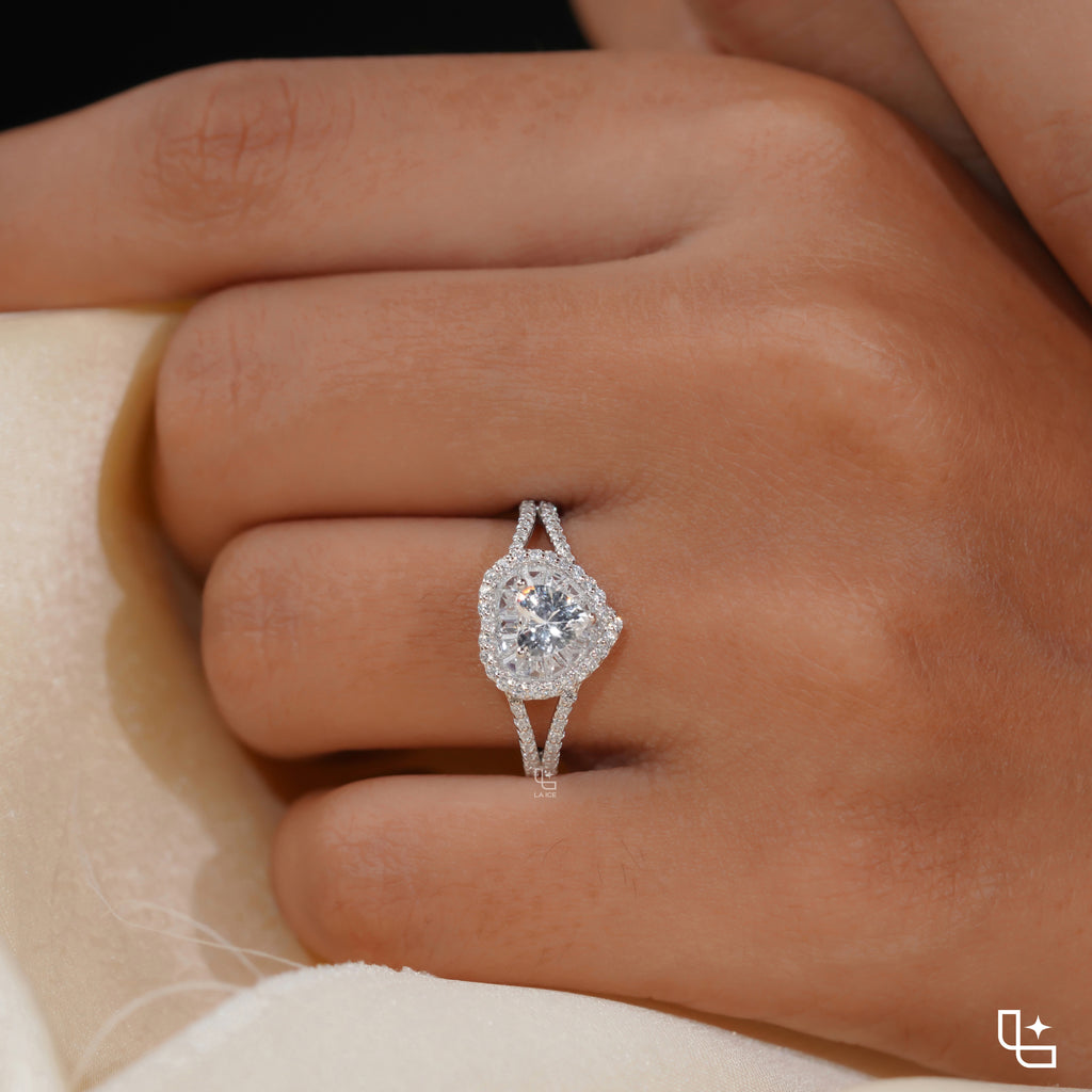 Heart Cut Halo Ring with Double Halo and Split Pavé Band – 2.00 CT Total Diamond Weight