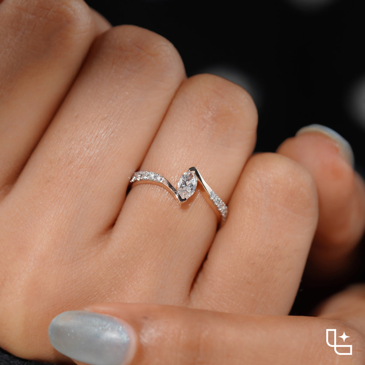 Marquise Diamond Solitaire Ring – Twisted Diamond Engagement Ring in Rose Gold | Modern Bypass Diamond Ring for Women