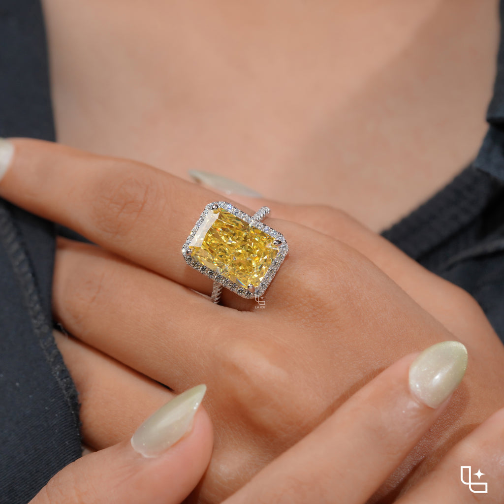 Yellow Radiant Cut Halo Ring with Pavé Band