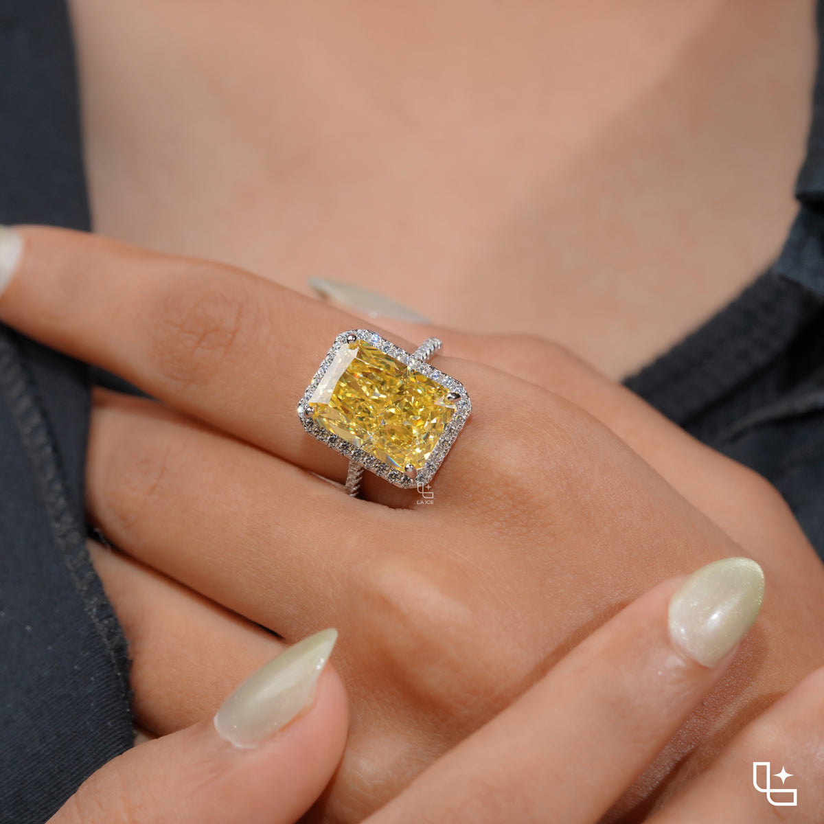 Yellow Radiant Cut Halo Ring with Pavé Band