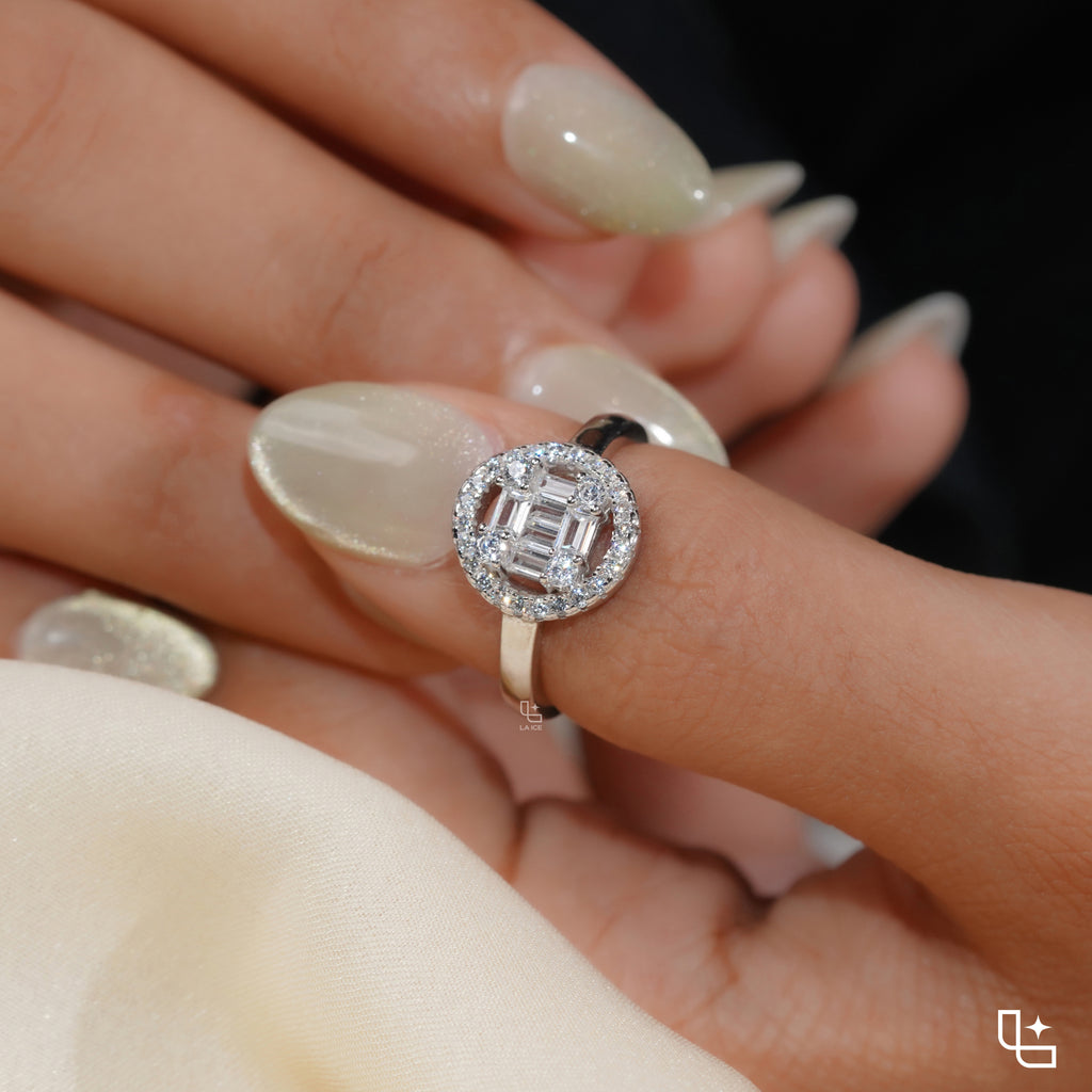 Baguette Cut Cluster Halo Ring with Round Accent Stones