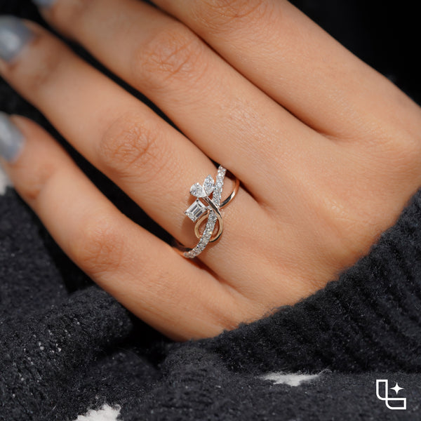 Three Stone Bypass Ring with Emerald Cut Center, Marquise and Pear-Shaped Accents, Pavé Crossover Band, 0.50 CT Center and 0.80 CT Side Diamonds