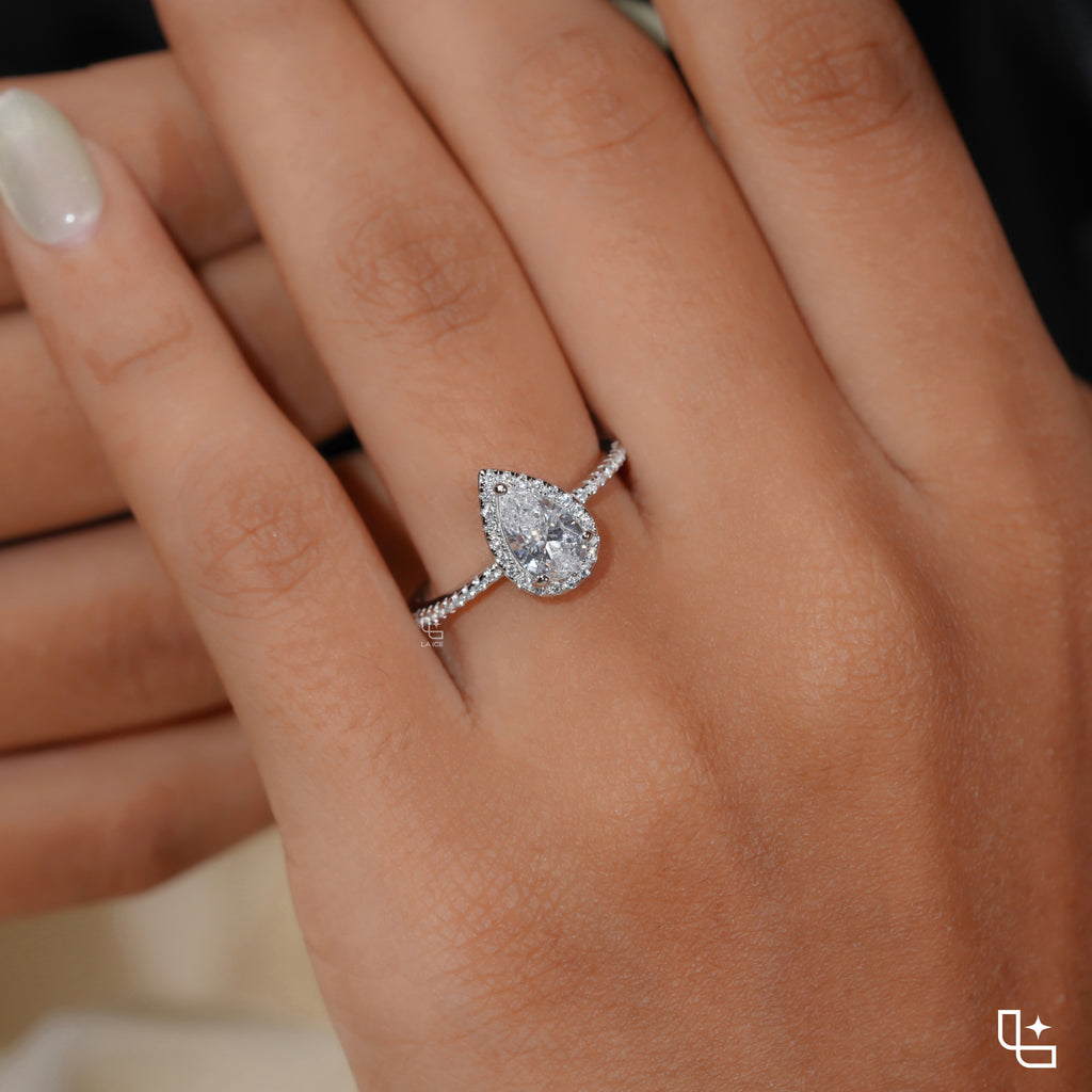 Pear Diamond Halo Engagement Ring – Teardrop Diamond Ring in White Gold | Classic Solitaire Halo Ring for Women