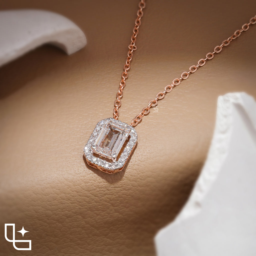 Emerald Cut Halo Pendant Necklace, Rectangular Sparkling Stone Design