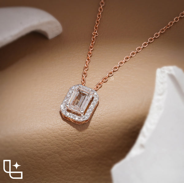 Emerald Cut Halo Pendant Necklace, Rectangular Sparkling Stone Design
