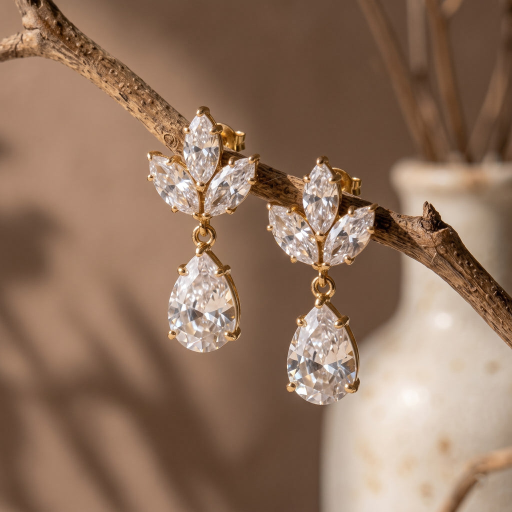 Marquise Floral Cluster Drop Earrings with Pear-Shaped Dangles, 2.00 CT Diamond Weight, 4.00 g Metal Weight