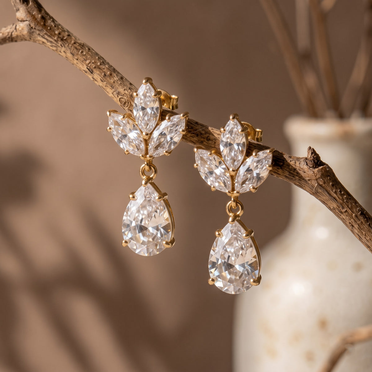Marquise Floral Cluster Drop Earrings with Pear-Shaped Dangles, 2.00 CT Diamond Weight, 4.00 g Metal Weight