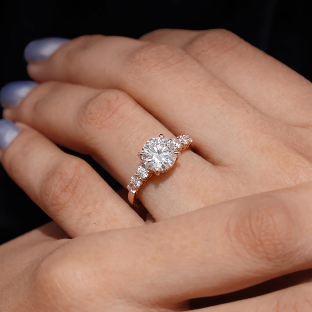 Round Cut Three Stone Engagement Ring with Graduated Side Diamonds, 1.75 CT Total Diamond Weight