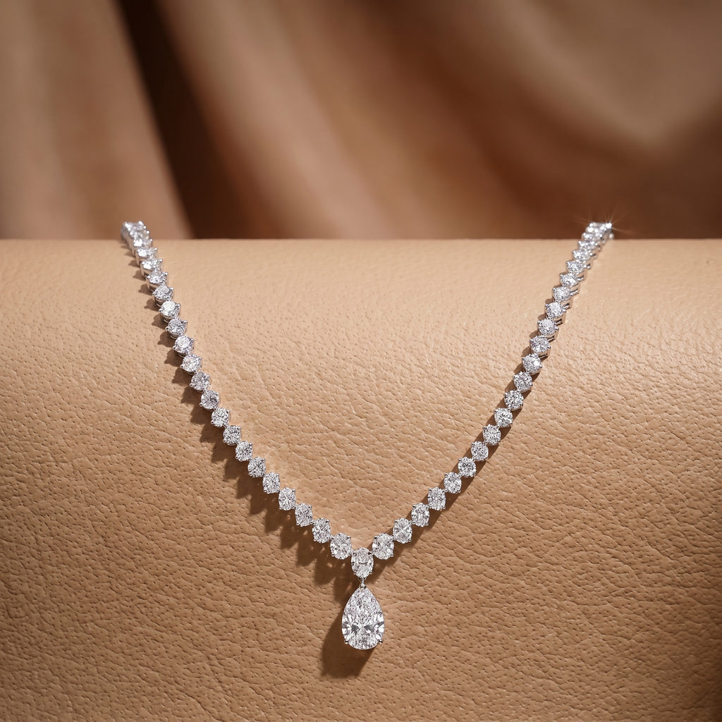 Round Diamond Tennis Necklace with Pear Drop Pendant, 10 CT Total Diamond Weight