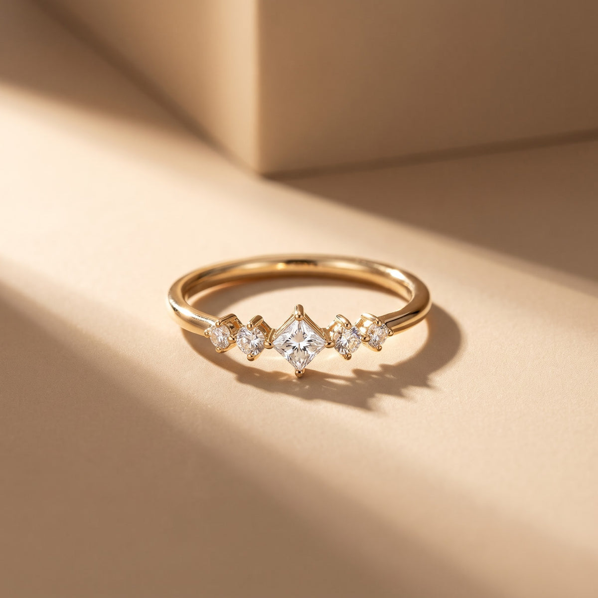 Five Stone Ring with Diagonal Square Center and Round Accent Stones, 0.50 CT Diamond Weight, 2.20 g Metal Weight
