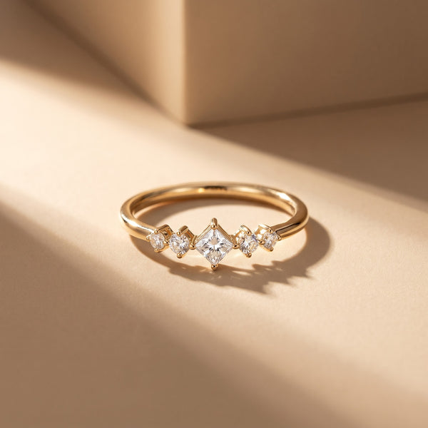 Five Stone Ring with Diagonal Square Center and Round Accent Stones, 0.50 CT Diamond Weight, 2.20 g Metal Weight
