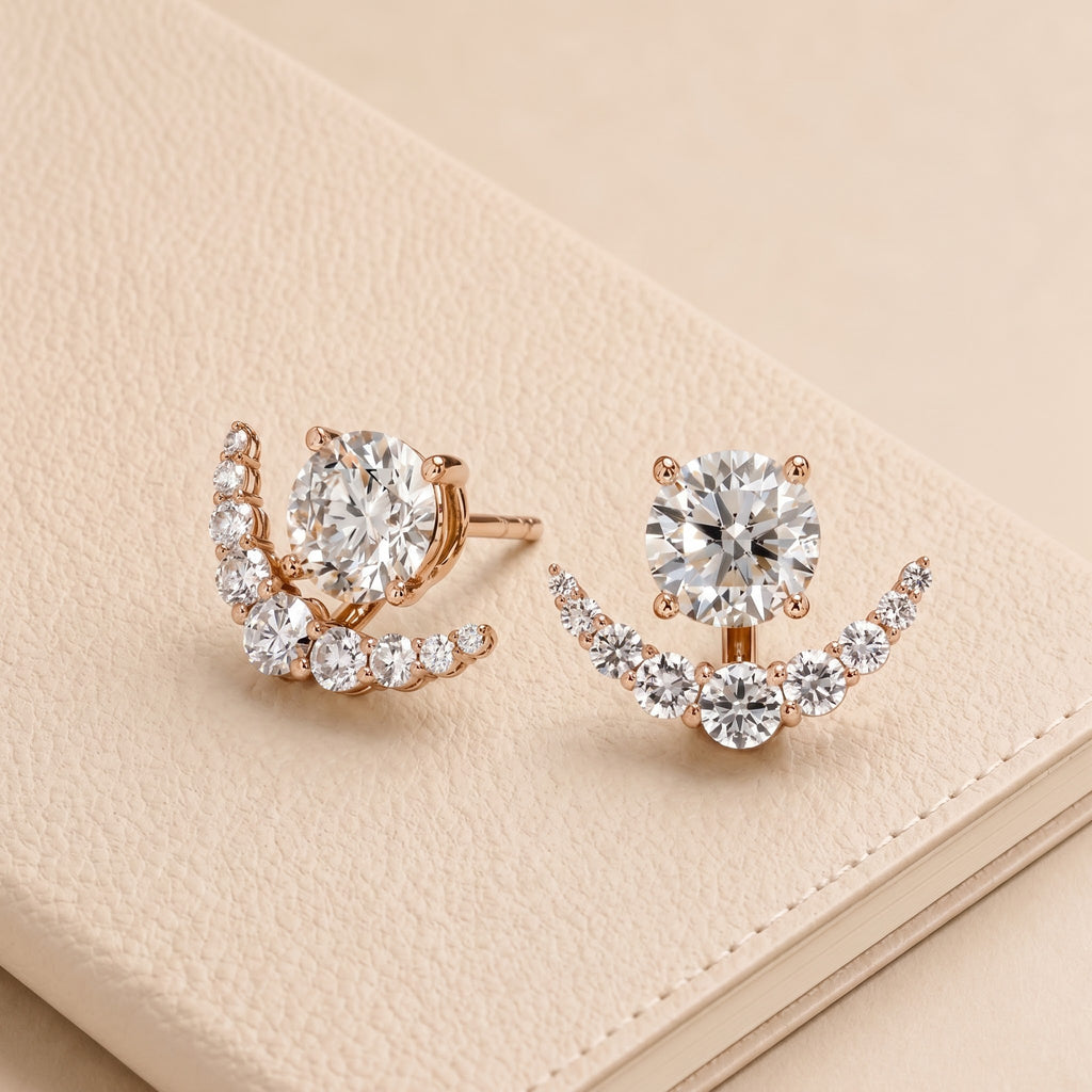 Round Center Stud Earrings with Curved Pavé Diamond Jackets, 2.00 CT Diamond Weight, 4 g Metal Weight