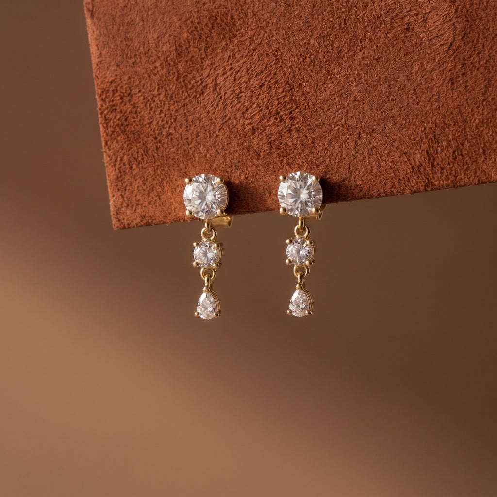 Three-Stone Drop Earrings with Round and Pear-Shaped Diamonds, 1.00 CT Diamond Weight, 3 g Metal Weight
