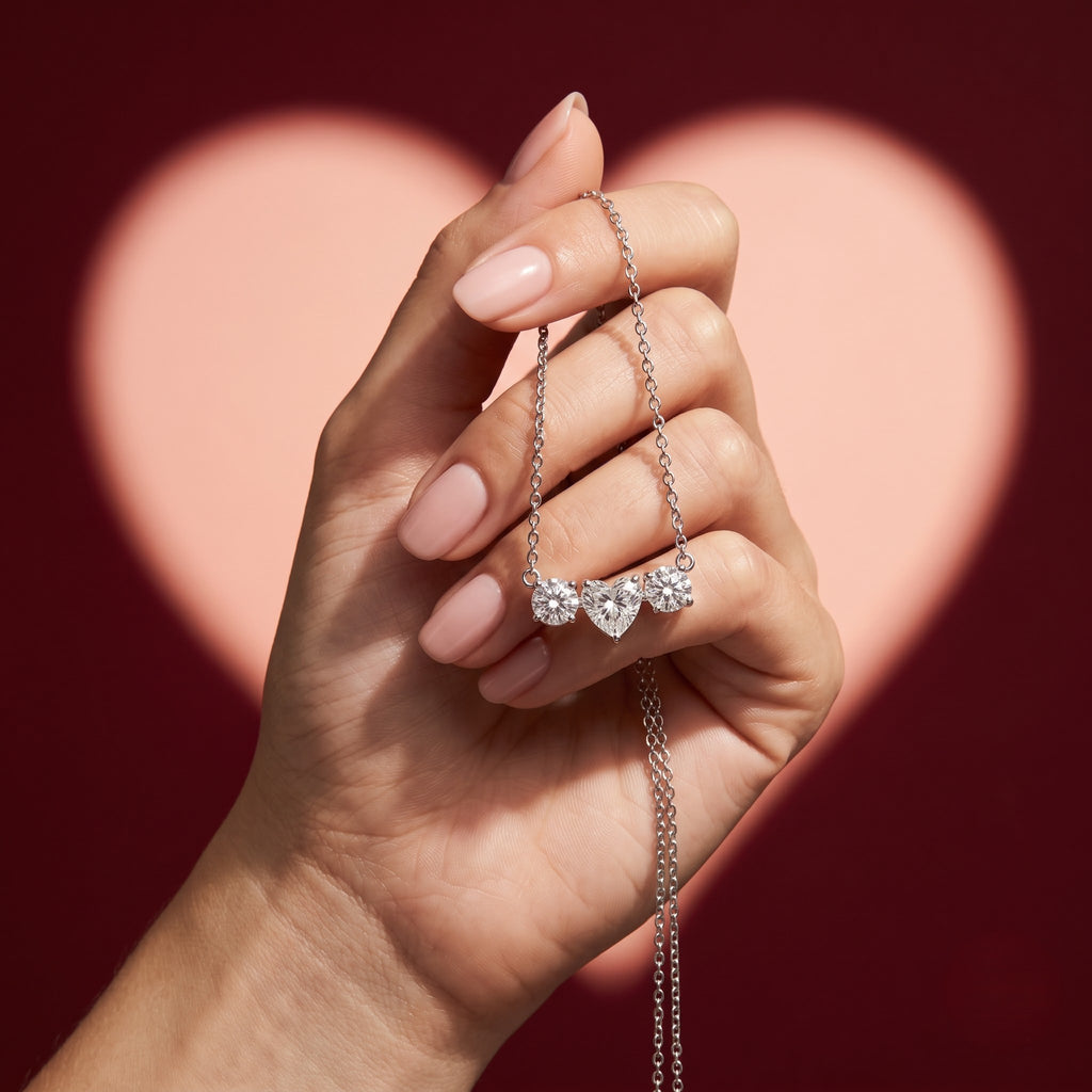 Three Stone Heart Pendant Necklace with Round Accents and Delicate Chain, 0.75 CT Diamond Weight, 2.50 g Metal Weight