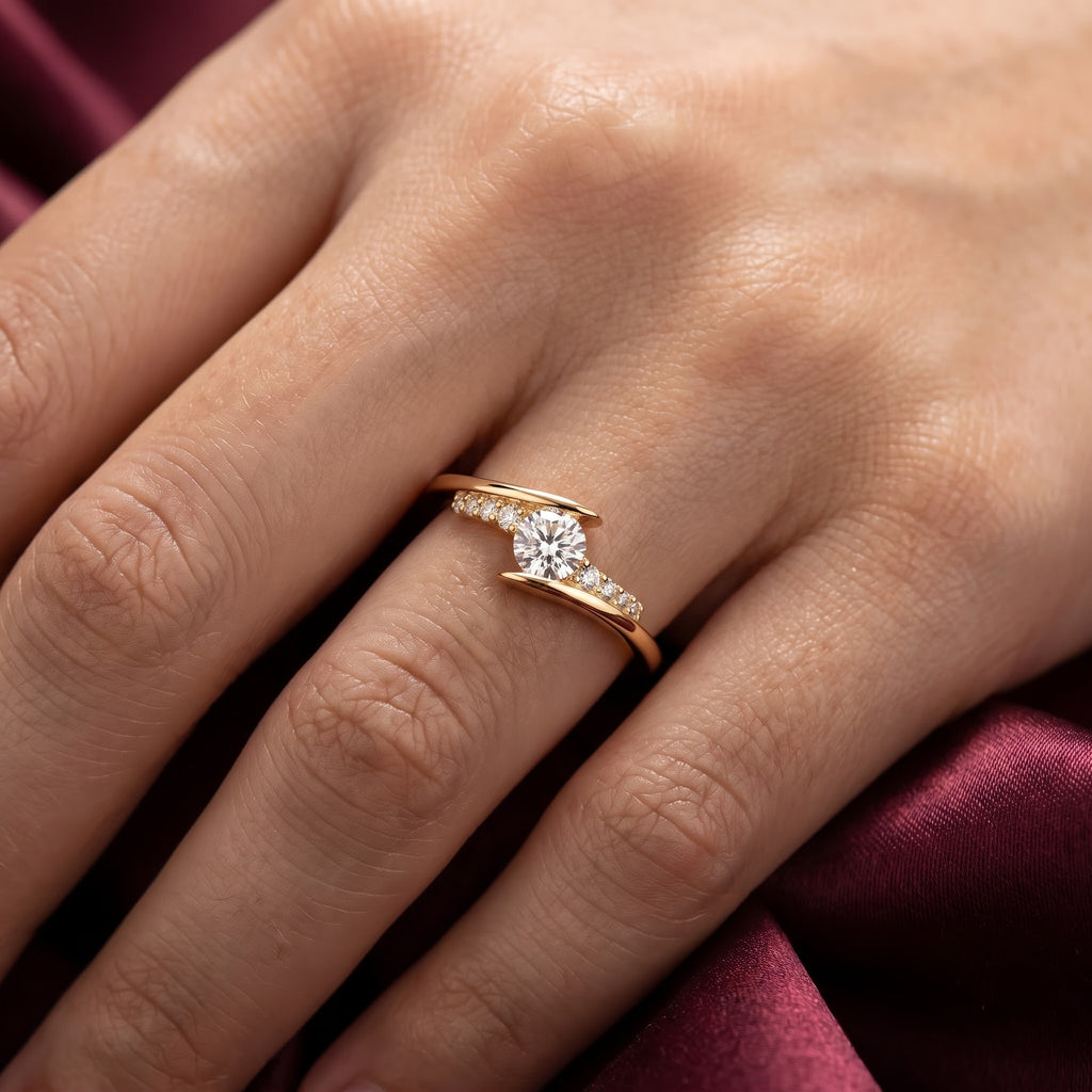 Round Solitaire Crossover Ring with Curved Pavé Accent Band, 0.50 CT Diamond Weight, 2.50 g Metal Weight