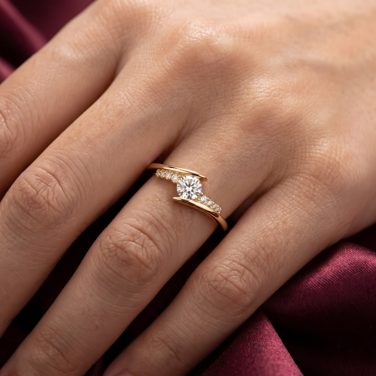 Round Solitaire Crossover Ring with Curved Pavé Accent Band, 0.50 CT Diamond Weight, 2.50 g Metal Weight