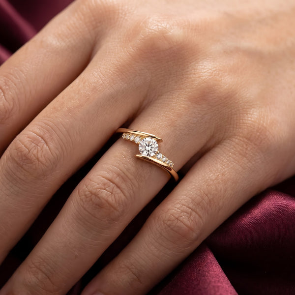 Round Solitaire Crossover Ring with Curved Pavé Accent Band, 0.50 CT Diamond Weight, 2.50 g Metal Weight