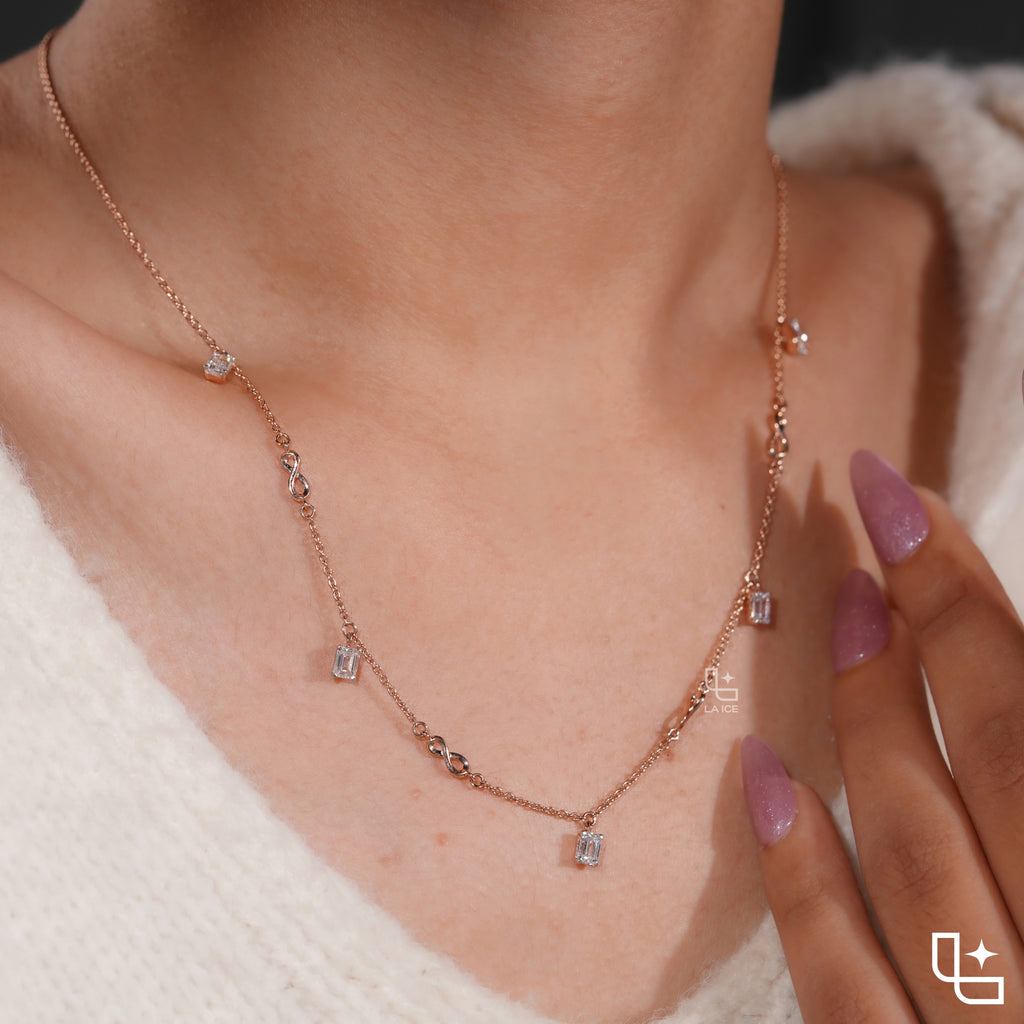 Emerald Cut Station Necklace with Infinity Link Details