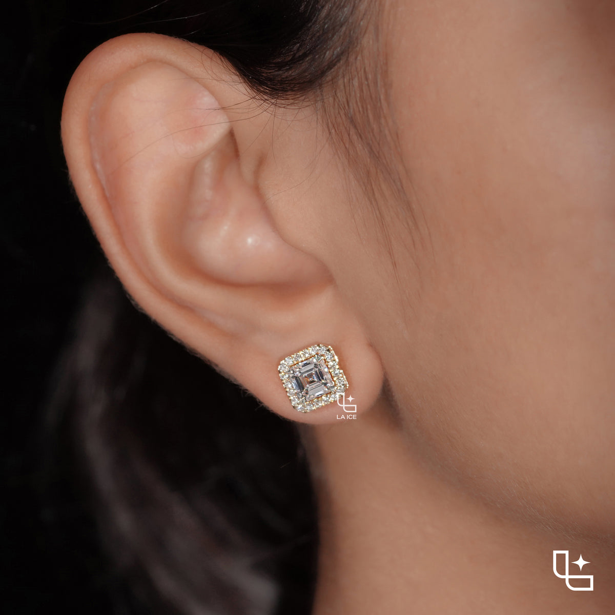 Asscher Cut Diamond Halo Stud Earrings, Square Diamond Stud Earrings, Square Step Cut Halo Stud Earrings with a Sparkling Round Stone Border, 2.00 CT Total Diamond Weight