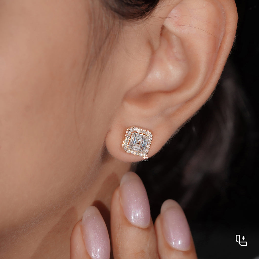 Asscher Cut Diamond Halo Stud Earrings, Square Diamond Stud Earrings, Square Step Cut Halo Stud Earrings with a Sparkling Round Stone Border, 2.00 CT Total Diamond Weight