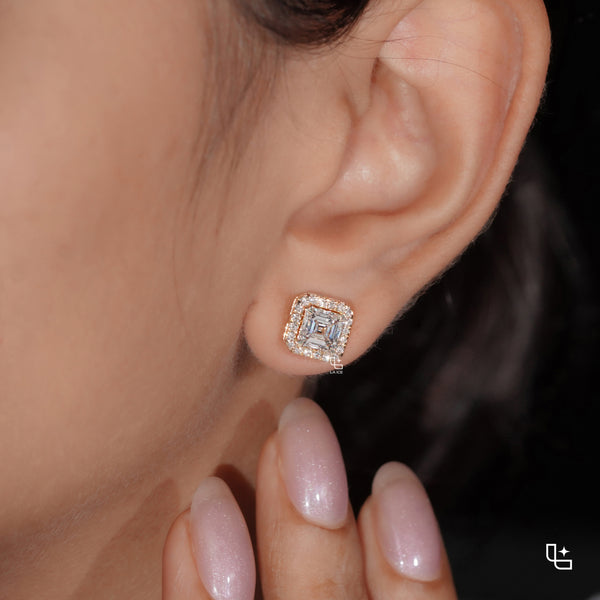 Asscher Cut Diamond Halo Stud Earrings, Square Diamond Stud Earrings, Square Step Cut Halo Stud Earrings with a Sparkling Round Stone Border, 2.00 CT Total Diamond Weight