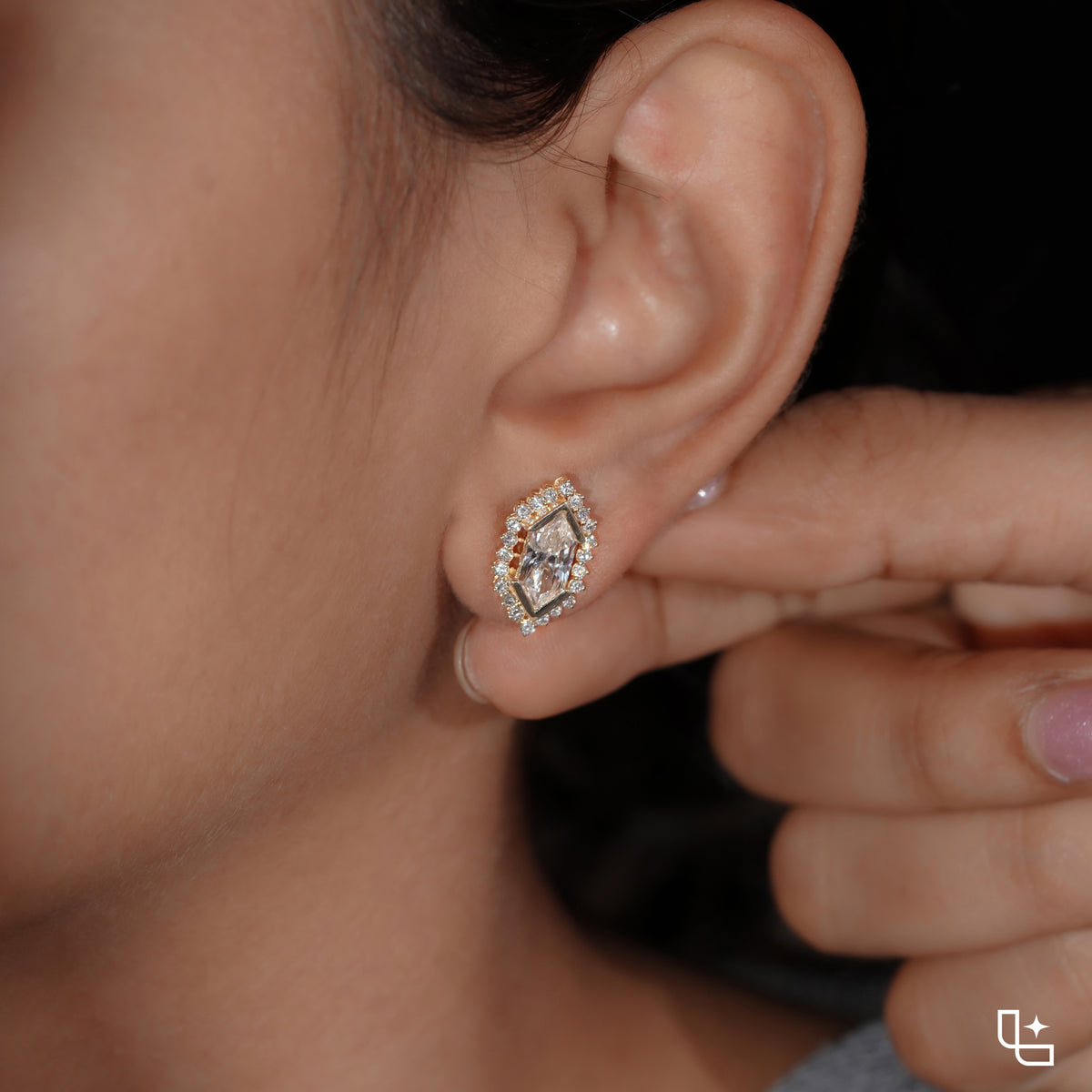 Elongated Hexagon Halo Stud Earrings with Geometric Center Stones and Round Accents, 2.00 CT Total Diamond Weight