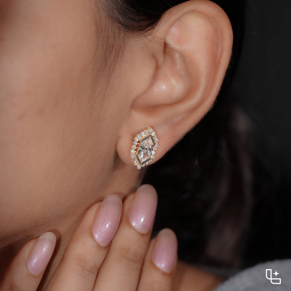 Elongated Hexagon Halo Stud Earrings with Geometric Center Stones and Round Accents, 2.00 CT Total Diamond Weight