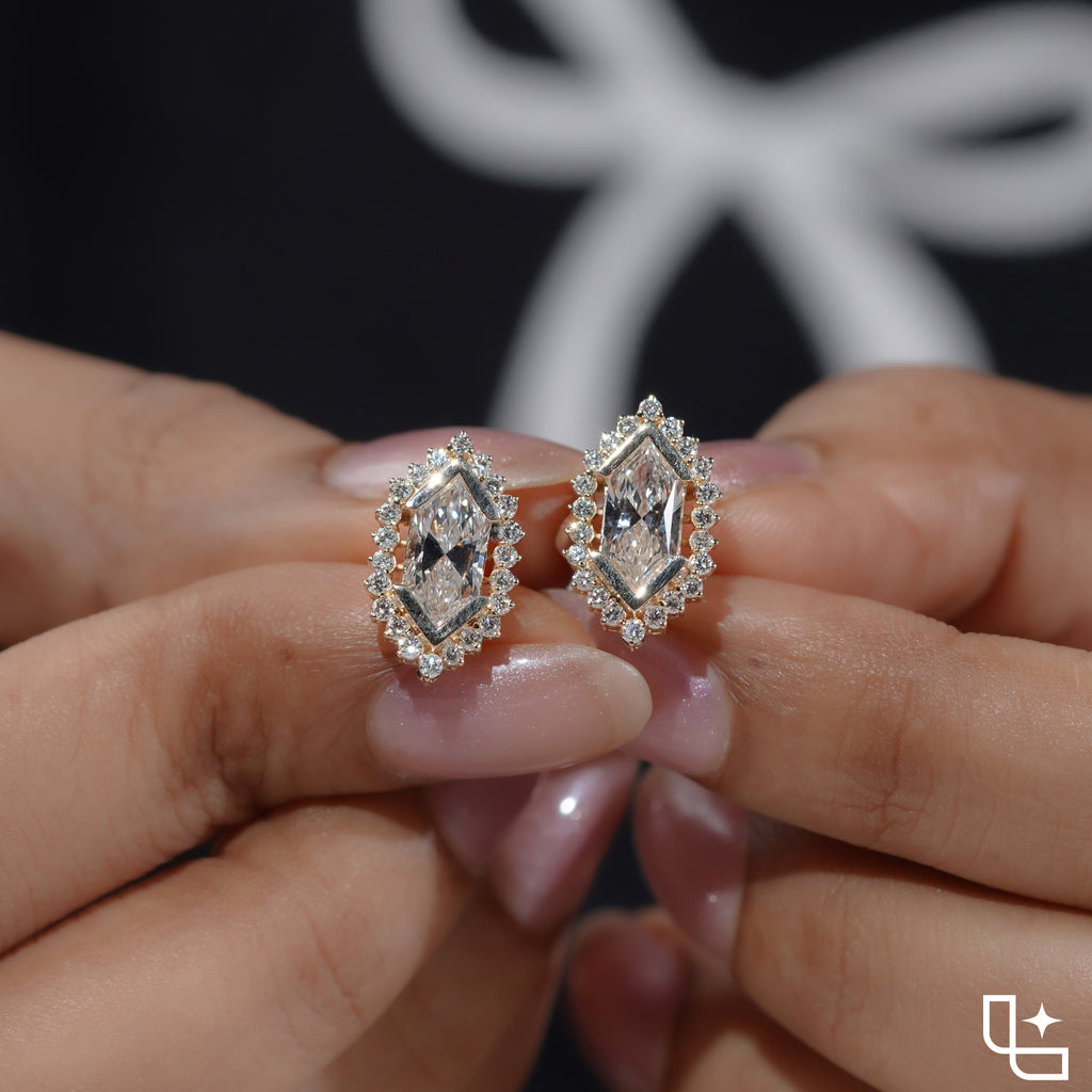 Elongated Hexagon Halo Stud Earrings with Geometric Center Stones and Round Accents, 2.00 CT Total Diamond Weight