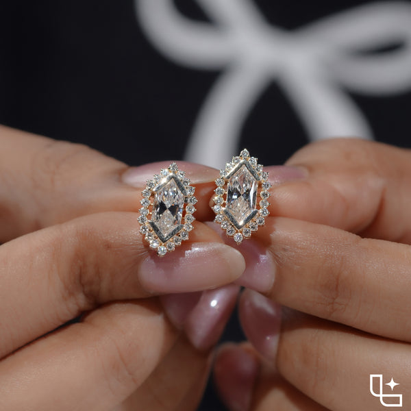 Elongated Hexagon Halo Stud Earrings with Geometric Center Stones and Round Accents, 2.00 CT Total Diamond Weight