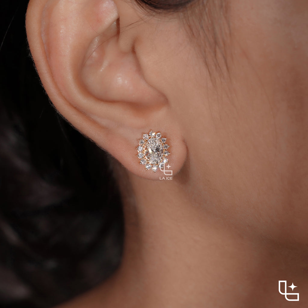 Oval Cut Halo Stud Earrings with Radiant Round Stone Accents, 2.00 CT Total Diamond Weight