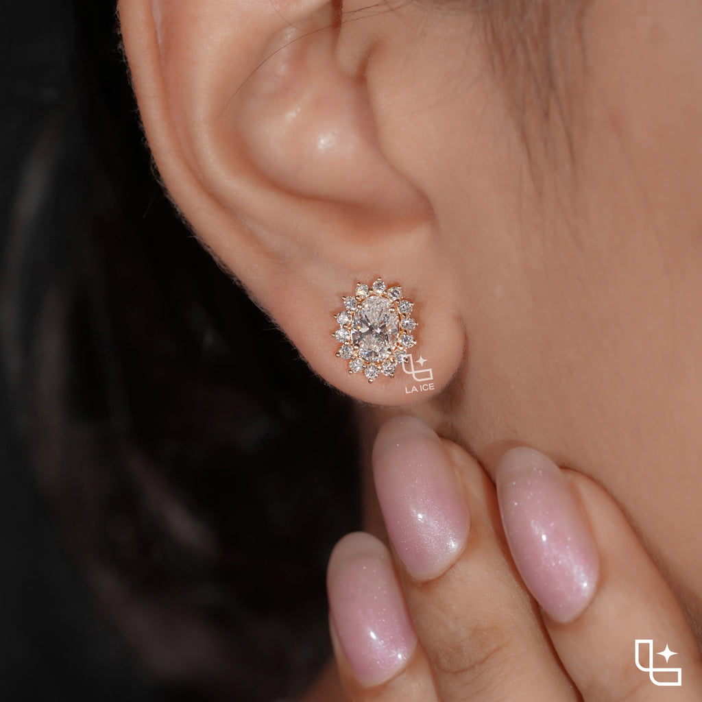 Oval Cut Halo Stud Earrings with Radiant Round Stone Accents, 2.00 CT Total Diamond Weight