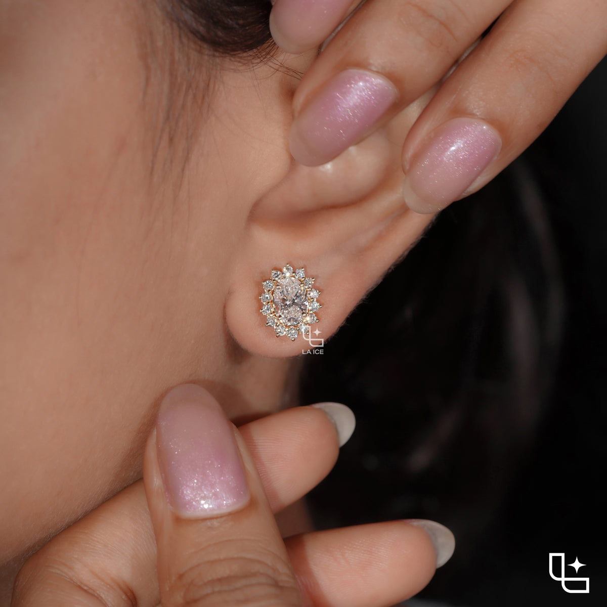Oval Cut Halo Stud Earrings with Radiant Round Stone Accents, 2.00 CT Total Diamond Weight