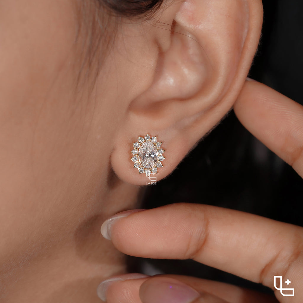 Oval Cut Halo Stud Earrings with Radiant Round Stone Accents, 2.00 CT Total Diamond Weight
