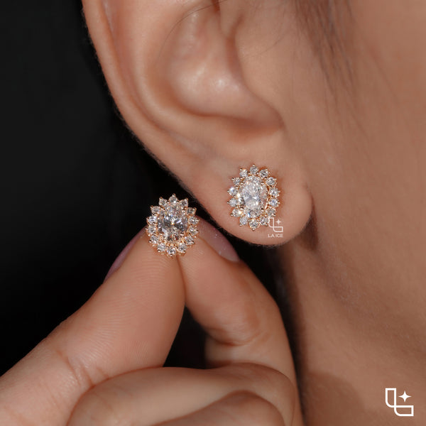 Oval Cut Halo Stud Earrings with Radiant Round Stone Accents, 2.00 CT Total Diamond Weight