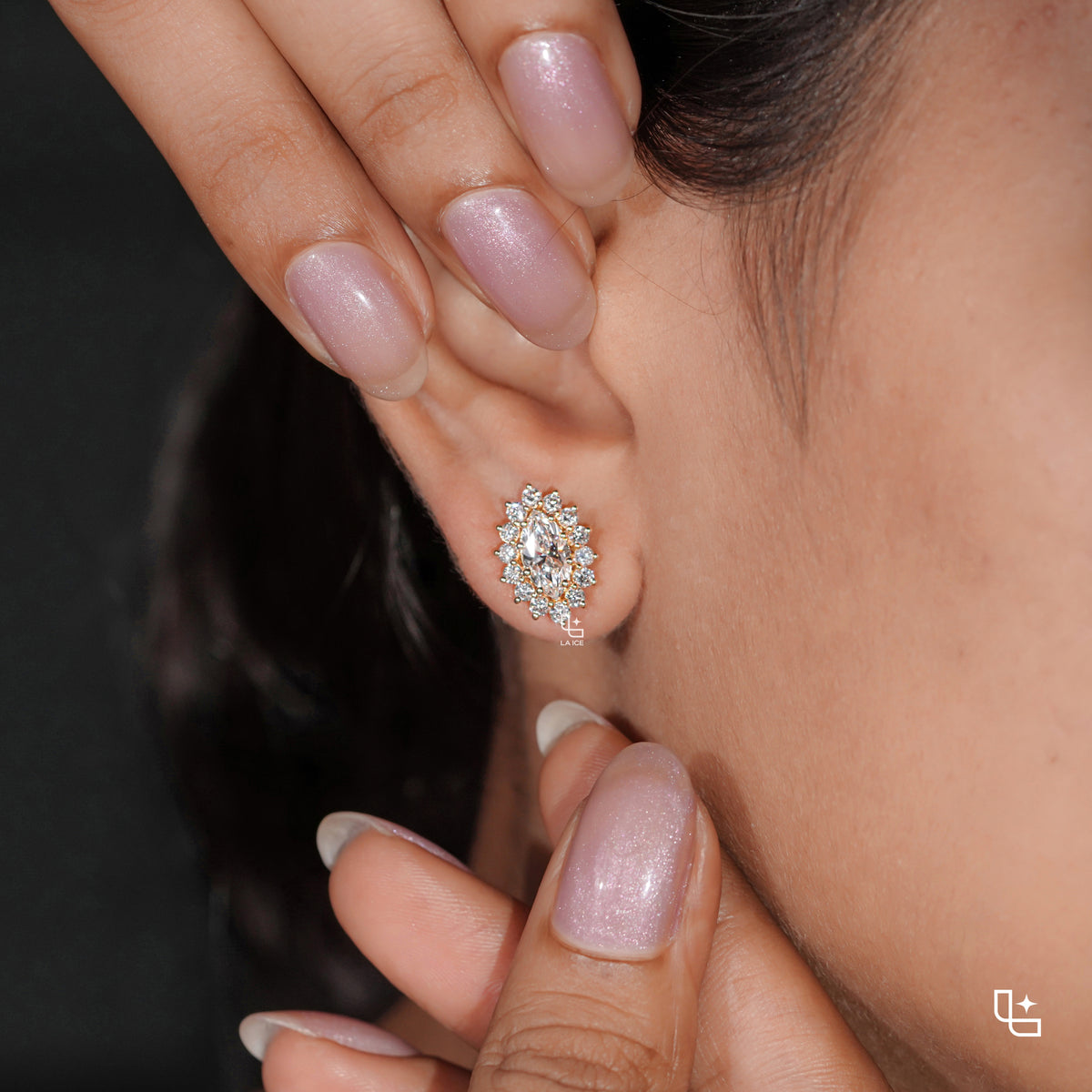 Oval Cut Halo Stud Earrings with Round Stone Sunburst Design, 2.00 CT Total Diamond Weight