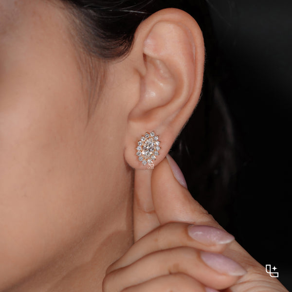 Oval Cut Halo Stud Earrings with Round Stone Sunburst Design, 2.00 CT Total Diamond Weight