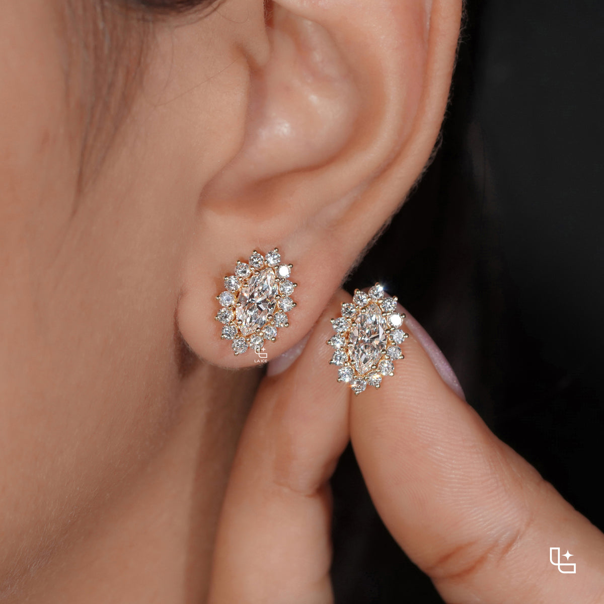Oval Cut Halo Stud Earrings with Round Stone Sunburst Design, 2.00 CT Total Diamond Weight