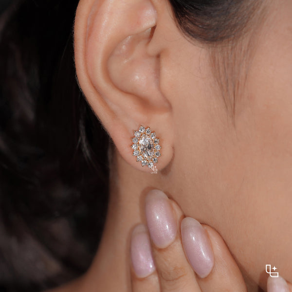 Oval Cut Halo Stud Earrings with Round Stone Sunburst Design, 2.00 CT Total Diamond Weight