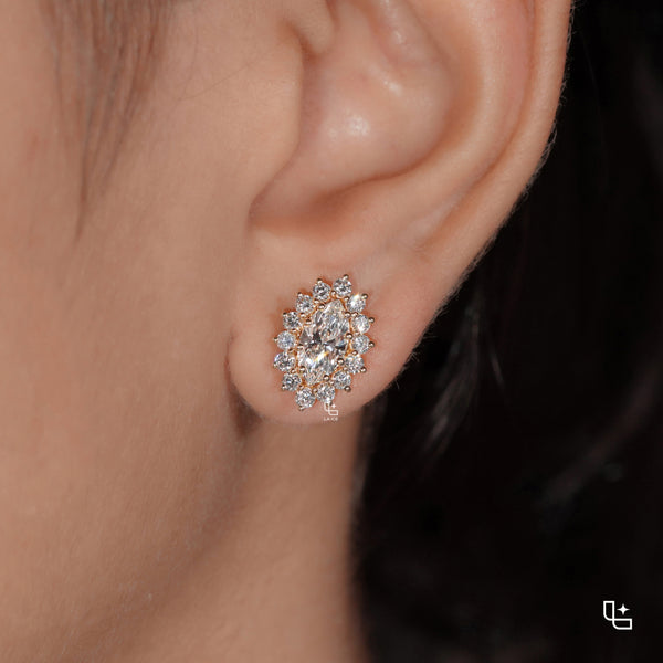 Oval Cut Halo Stud Earrings with Round Stone Sunburst Design, 2.00 CT Total Diamond Weight